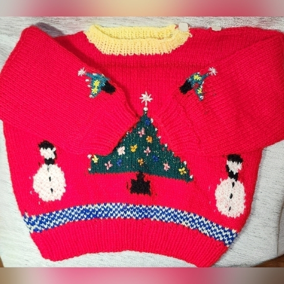 Vintage Knitted Handmade Child’s Christmas Sweater 2t/4t Red - Picture 1 of 6